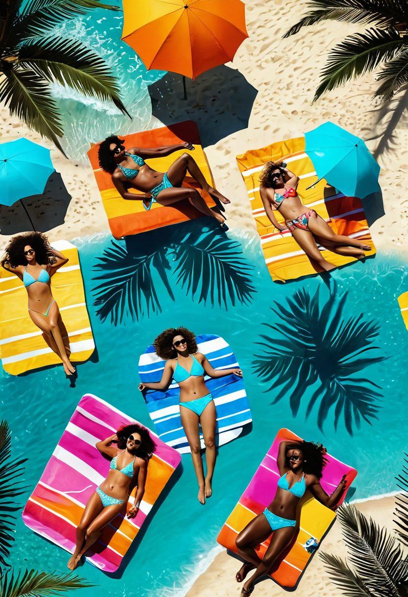 A sunny beach scene featuring a diverse group of stylish individuals wearing vibrant, affordable bikinis while lounging by the turquoise waves. Include palm trees, beach umbrellas, and colorful beach towels to evoke a fun summer atmosphere. The sunlight sparkles on the water, creating a lively and inviting vibe. super-realistic. vibrant colors. summer theme.